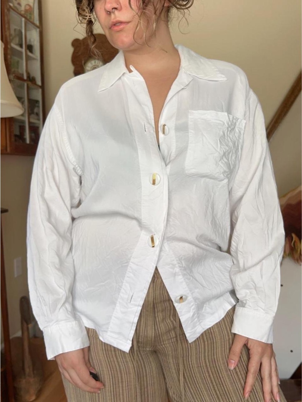 Vintage 90s Giorgio Sant'Angelo White Button Up Blouse Chunky Gold Buttons Small